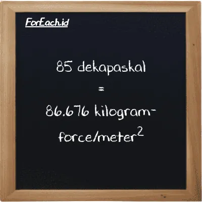 85 dekapaskal setara dengan 86.676 kilogram-force/meter<sup>2</sup> (85 daPa setara dengan 86.676 kgf/m<sup>2</sup>)